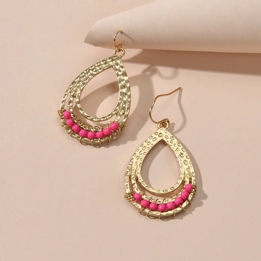 Ethnic Hotpink Beads Handmade Hollow Water Drop Bohemian Traditional Earrings